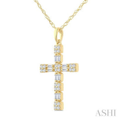 1/3 Ctw Geometric Cross Fusion Baguette and Round Cut Diamond Fashion Pendant With Chain in 14K Yellow Gold