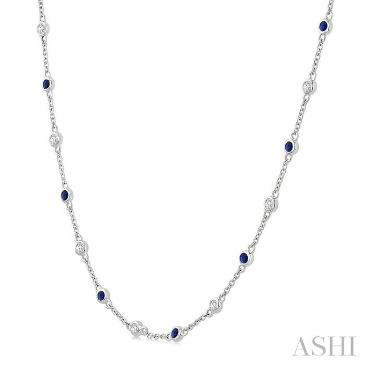 1.90MM Sapphire and 1/2 Ctw Round Cut Diamond Precious Station Necklace in 14K White Gold