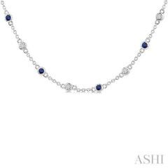1.90MM Sapphire and 1/2 Ctw Round Cut Diamond Precious Station Necklace in 14K White Gold