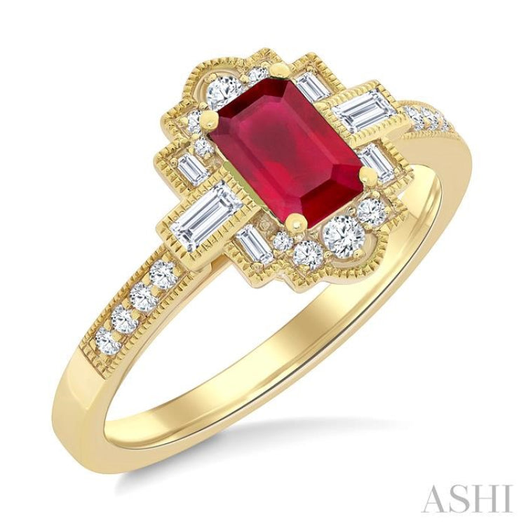 1/3 Ctw Art Deco 6X4MM Octagon Shape Ruby, Baguette and Round Cut Diamond Precious Fashion Ring in 14K Yellow Gold