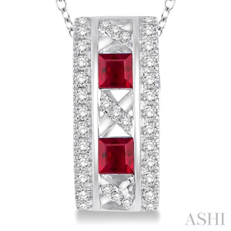 3x3 MM Princess Cut Ruby and 1/5 Ctw Round Cut Diamond Precious Pendant in 14K White Gold with Chain