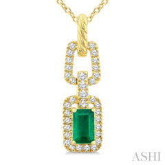 1/6 Ctw 5X3MM Octagon Shape Emerald and Round Cut Diamond Halo Precious Link Pendant With Chain in 14K Yellow Gold