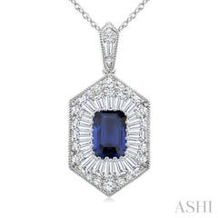 1/2 Ctw Art Deco Hexagon 6X4MM Octagon Shape Sapphire, Baguette and Round Cut Diamond Precious Pendant With Chain in 14K White Gold
