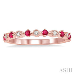 1.8 MM Round Cut Ruby and 1/20 Ctw Round Cut Diamond Precious Half Eternity Wedding Band in 14K Rose Gold