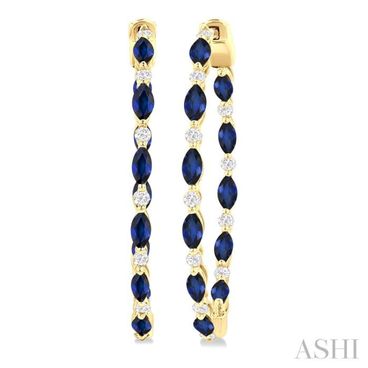 4x2 MM Marquise Cut Sapphire and 3/8 Ctw Round Cut Diamond Precious Inside-Out Hoop Earrings in 14K Yellow Gold
