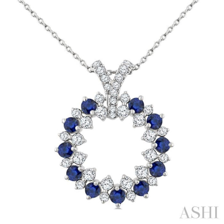 2.5 MM Round Shape Sapphire and 5/8 Ctw Round Cut Diamond Precious Circle Pendant With Chain in 14K White Gold