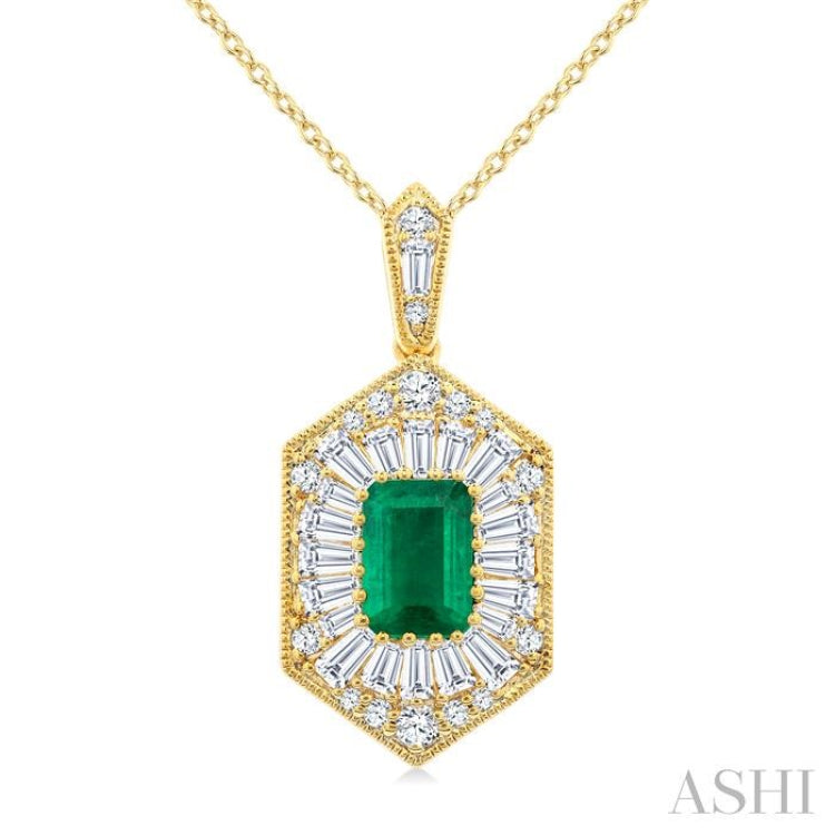 1/2 Ctw Art Deco Hexagon 6X4MM Octagon Shape Emerald, Baguette and Round Cut Diamond Precious Pendant With Chain in 14K Yellow Gold