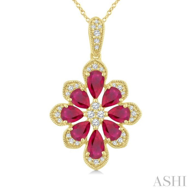 1/6 Ctw Floral Motif 5X3MM & 4X3MM Pear Cut Ruby and Round Cut Diamond Precious Pendant With Chain in 10K Yellow Gold
