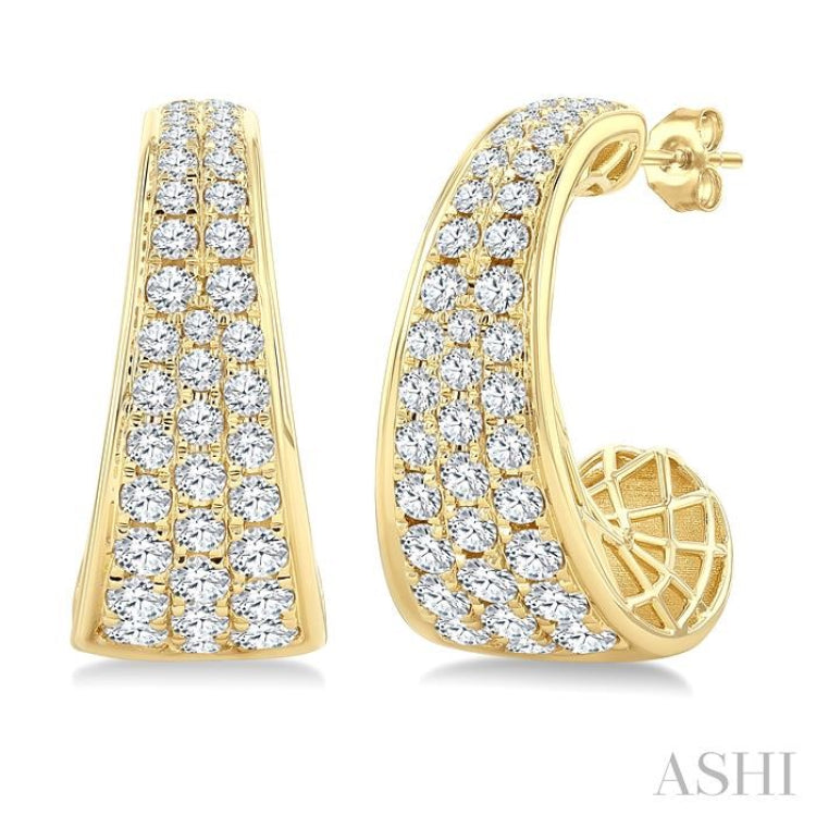 1 1/2 Ctw Wide Base Pave Set Round Cut Diamond Fashion Half Hoop Earrings in 14K Yellow Gold