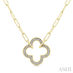 1/10 Ctw Clover Frame Round Cut Diamond Fashion Pendant With Paperclip Chain in Yellow Gold Vermeil
