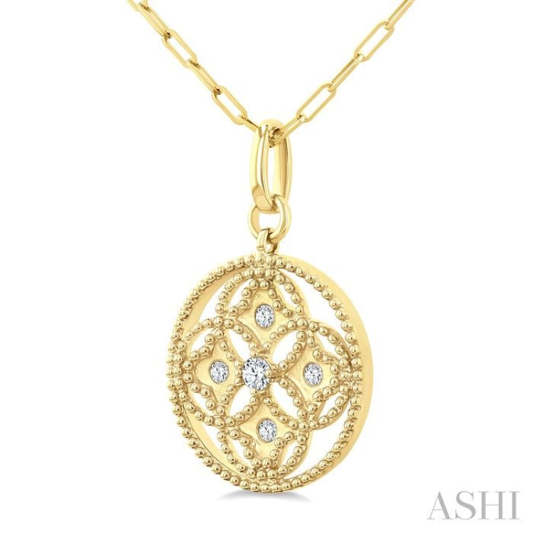 1/5 Ctw Floral Motif Round Cut Diamond Circle Medallion Fashion Pendant With Chain in 14K Yellow Gold
