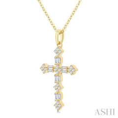 1/3 Ctw Floral Cross Fusion Baguette and Round Cut Diamond Fashion Pendant With Chain in 14K Yellow Gold