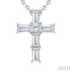 1/6 Ctw Princess and Baguette Cut Diamond Cross Petite Fashion Pendant With Chain in 10K White Gold