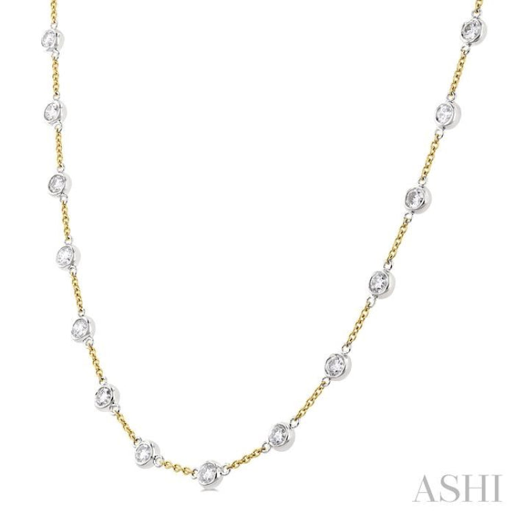 3 Ctw Bezel Set Round Cut Diamond Station Necklace in 14K Yellow and White Gold