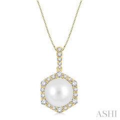 8 MM Cultured Pearl and 1/3 Ctw Hexagon Shape Round Cut Diamond Pendant With Chain in 14K Yellow Gold