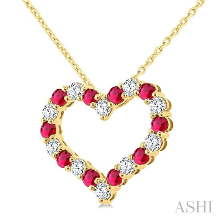 2.3 MM Round Cut Ruby and 1/2 Ctw Open Heart Round Cut Diamond Precious Fashion Pendant With Chain in 14K Yellow Gold