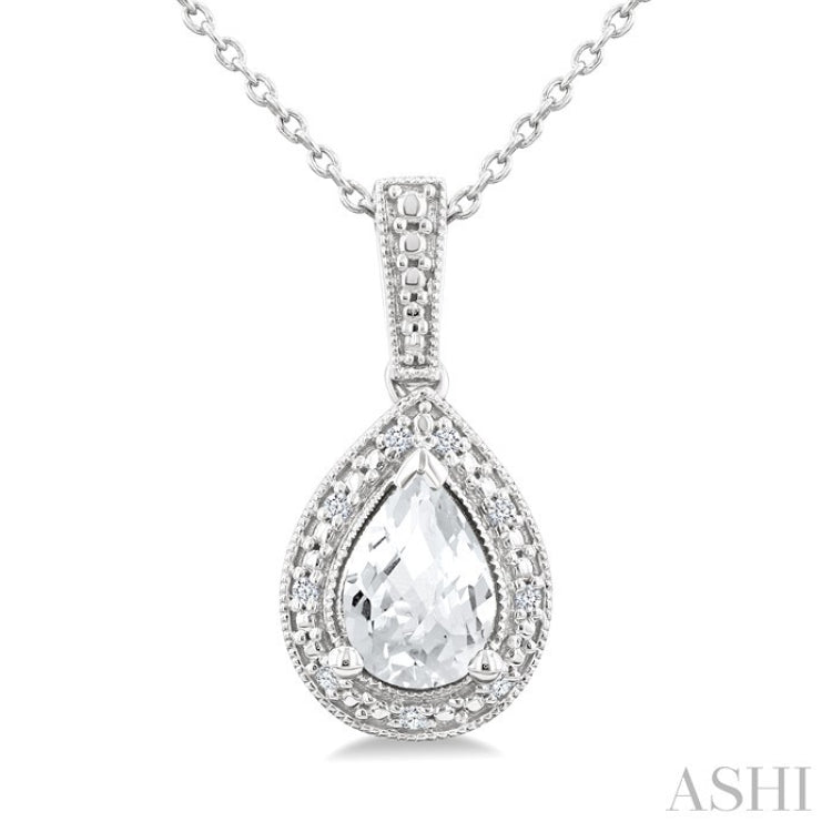 7X5 MM Pear Shape White Topaz and 1/50 Ctw Round Cut Diamond Semi-Precious Pendant With Chain in Sterling Silver