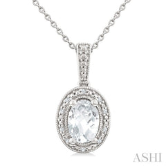7X5 MM Oval Shape White Topaz and 1/50 Ctw Round Cut Diamond Semi-Precious Pendant With Chain in Sterling Silver