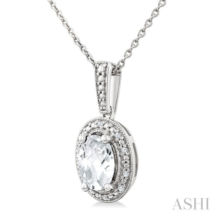 7X5 MM Oval Shape White Topaz and 1/50 Ctw Round Cut Diamond Semi-Precious Pendant With Chain in Sterling Silver