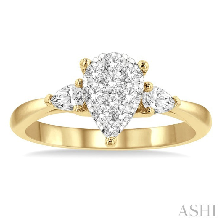 5/8 Ctw Pear Shape Lovebright Pear and Round Cut Diamond Engagement Ring in 14K Yellow and White Gold