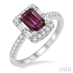 7X5 MM Emerald Cut Rhodolite Garnet and 1/2 Ctw Diamond Semi-Precious Ring in 14K White Gold