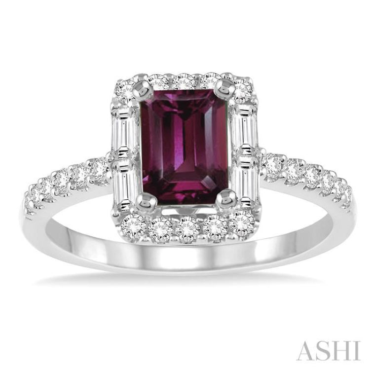 7X5 MM Emerald Cut Rhodolite Garnet and 1/2 Ctw Diamond Semi-Precious Ring in 14K White Gold
