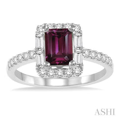 7X5 MM Emerald Cut Rhodolite Garnet and 1/2 Ctw Diamond Semi-Precious Ring in 14K White Gold