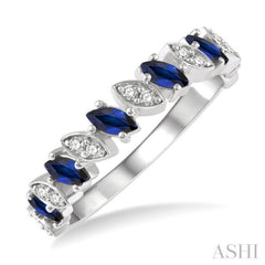 4X2 MM Marquise Shape Sapphire and 1/10 Ctw Round Cut Diamond Precious Band in 14K White Gold