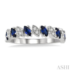 4X2 MM Marquise Shape Sapphire and 1/10 Ctw Round Cut Diamond Precious Band in 14K White Gold