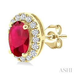 5X3 MM Oval Shape Ruby and 1/8 Ctw Round Cut Diamond Halo Precious Stud Earrings in 14K Yellow Gold