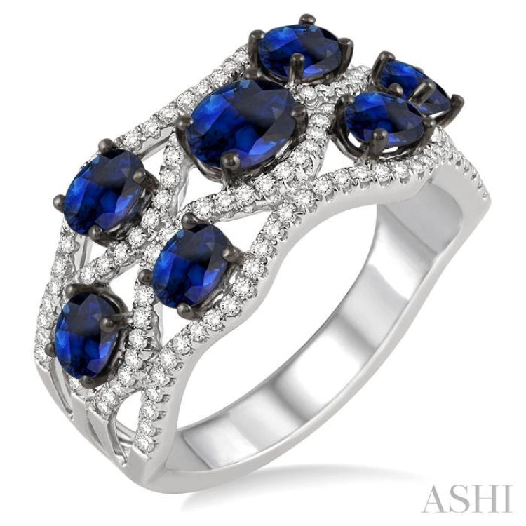 5X4 MM Oval Cut Sapphire, 4X3 MM Oval Cut Sapphire and 1/2 Ctw Round Cut Diamond Precious Band in 14K White Gold