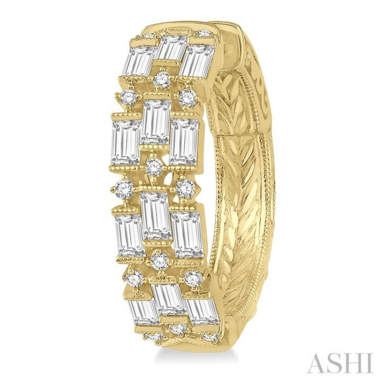 1 5/8 Ctw Triple Row Baguette and Round Cut Diamond Fashion Hoop Earrings in 14K Yellow Gold
