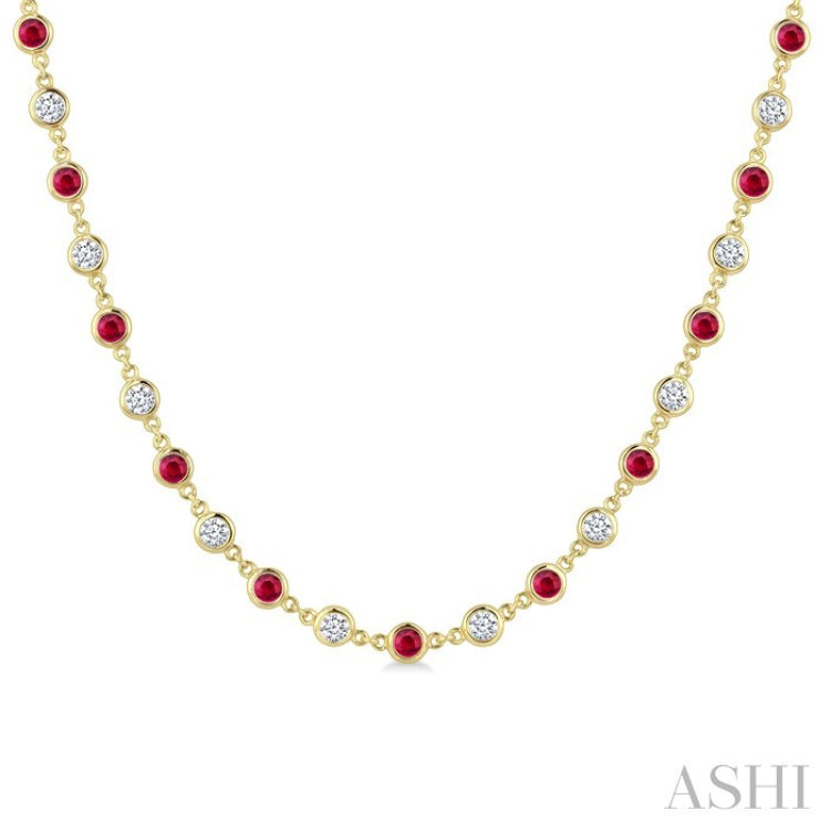 2.85 MM Round Shape Ruby and 2 5/8 Ctw Bezel Set Round Cut Diamond Precious Station Necklace in 14K Yellow Gold