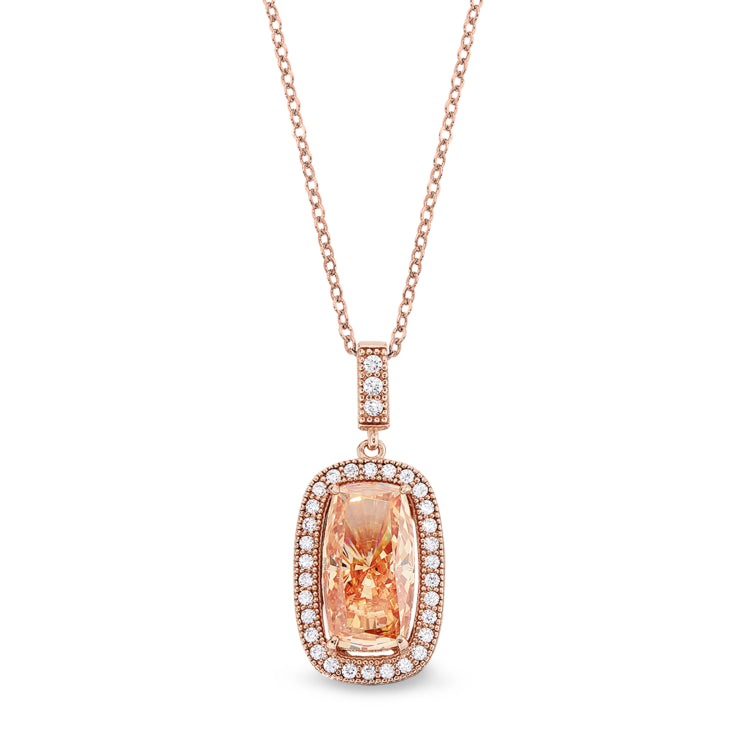 Rose gold finish sterling silver micropave pendant with light champagne colored stone and simulated diamonds on 18 cable cha