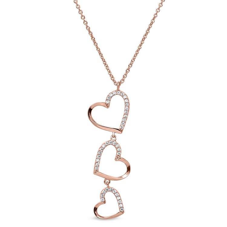 Rose gold finish sterling silver micropave three falling hearts pendant with simulated diamonds on 16-18 adjustable chain