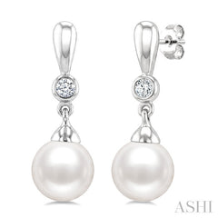 6 MM White Cultured Pearl and 1/20 Ctw Round Cut Diamond Earrings in 10K White Gold