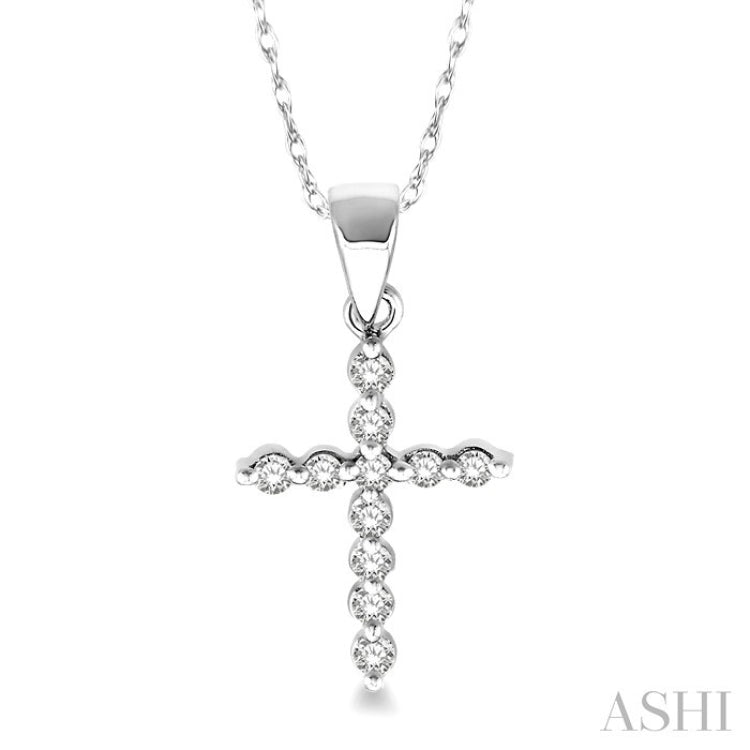 1/10 Ctw Round Cut Diamond Cross Petite Pendant in 14K White Gold with Chain