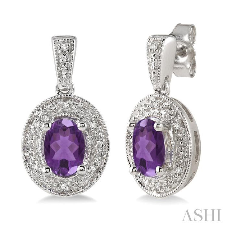 7X5 MM Oval Cut Amethyst and 1/20 Ctw Round Cut Diamond Earrings in Sterling Silver