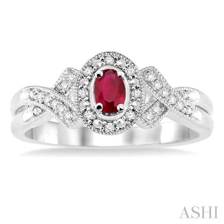 5x3 MM Oval Cut Ruby and 1/50 Ctw Round Cut Diamond Ring in Sterling Silver
