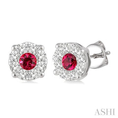 3.3 MM Round Cut Ruby and 1/2 Ctw Lovebright Diamond Precious Earrings in 14K White Gold