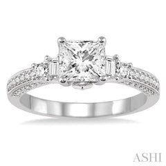 7/8 Ctw Diamond Engagement Ring with 1/2 Ct Princess Cut Center Stone in 14K White Gold
