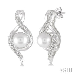 6.5 MM Round Shape Cultured Pearls and 1/20 Ctw Round Cut Diamond Earrings in Sterling Silver