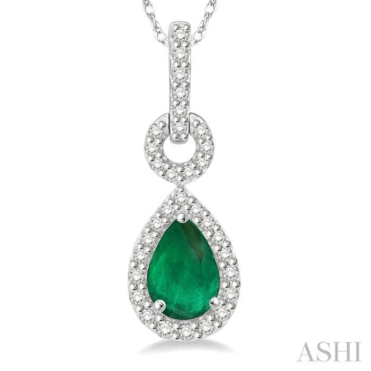 6x4 MM Pear Cut Drop Emerald and 1/6 Ctw Round Cut Diamond Precious Pendant in 10K White Gold with chain