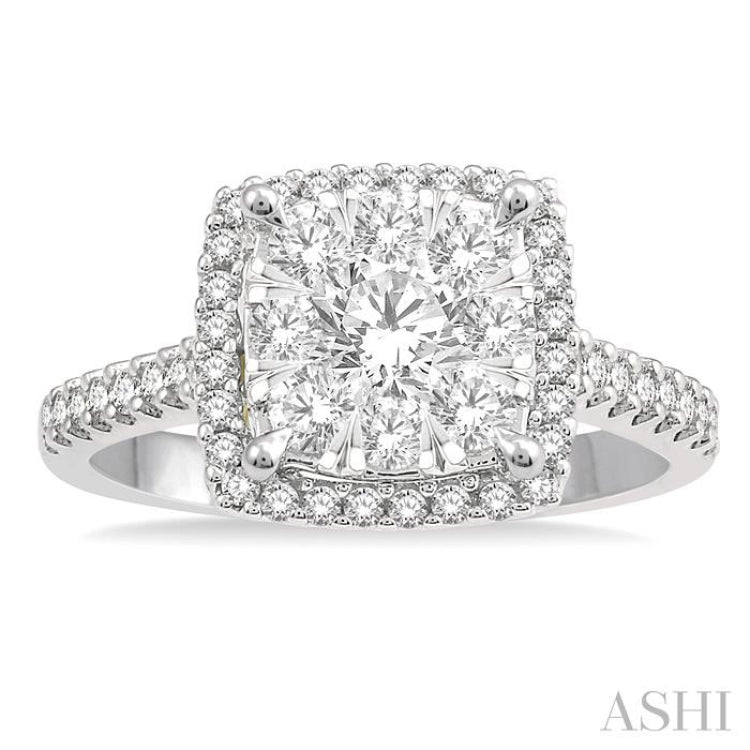 1 1/10 Ctw Round Diamond Lovebright Halo Engagement Ring in 14K White and Yellow Gold