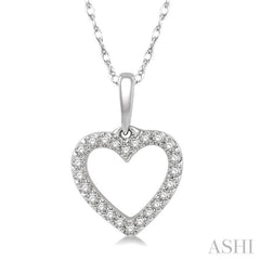 1/10 Ctw Hollow Cut Heart Charm Round Cut Diamond Petite Pendant in 10K White Gold with chain