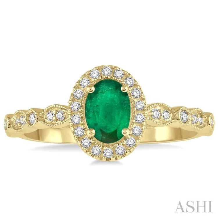 6x4 MM Oval Shape Emerald and 1/6 Ctw Round Cut Diamond Precious Ring in 10K Yellow Gold