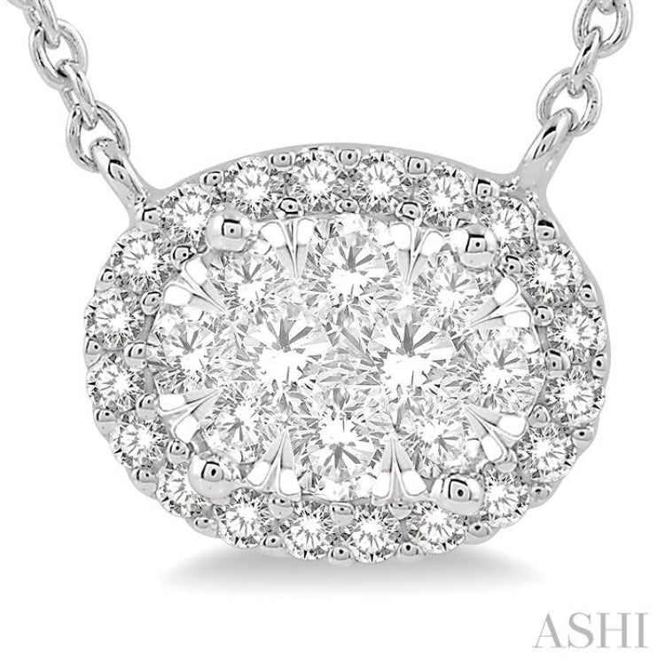 1 Ctw Oval Shape Round Cut Diamond Lovebright Pendant With Chain in 14K White Gold