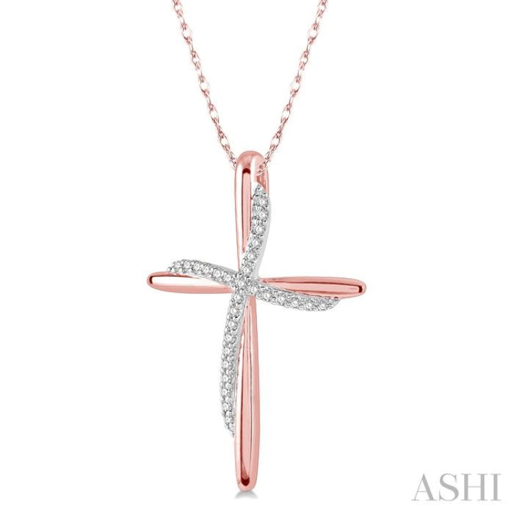 1/10 Ctw Round Cut Diamond Draped Cross Charm Pendant With Chain in 10K Rose Gold