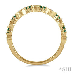 1.8 MM Round Cut Emerald and 1/20 Ctw Round Cut Diamond Precious Half Eternity Wedding Band in 14K Yellow Gold