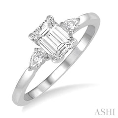 3/4 Ctw Octagon Emerald and Pear Cut Diamond Ladies Engagement Ring with 1/2 Ct Emerald Cut Center Stone in 14K White Gold